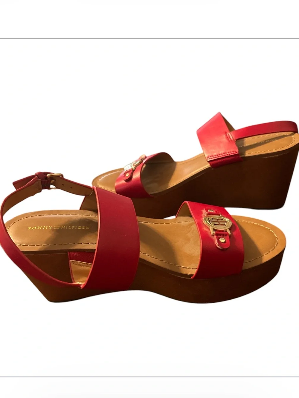 Tommy Hilfiger Kahdy Red Strappy Tan Wedge Sandals